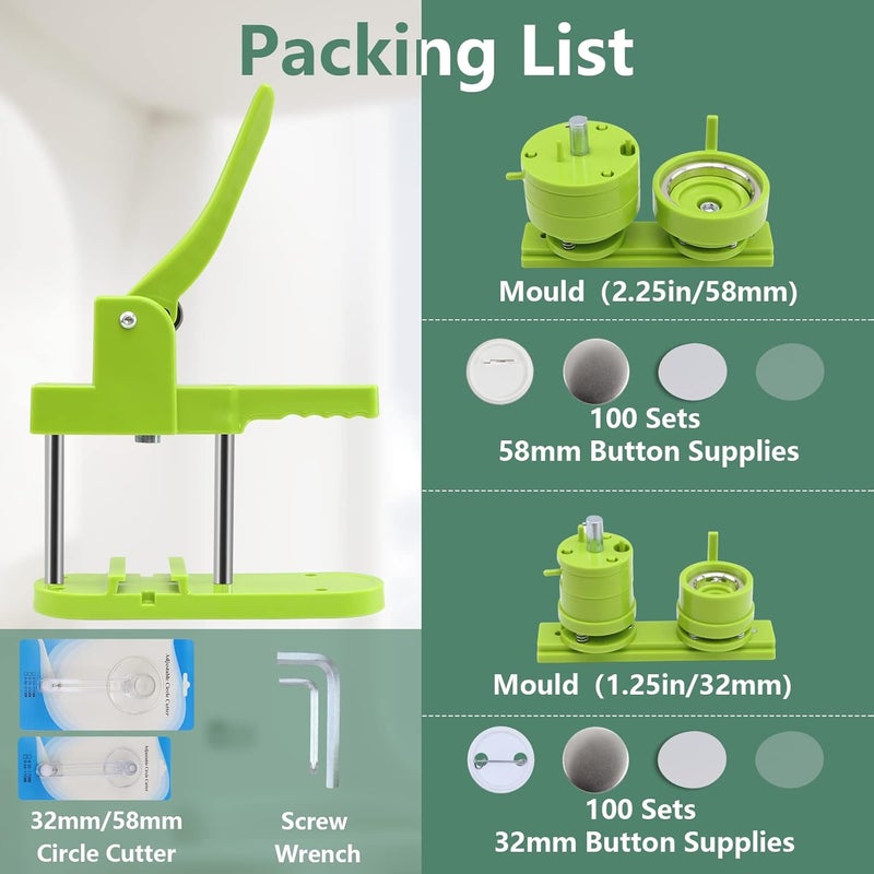 Happizza Button Maker Machine Multiple-Sizes - Pin Maker Machine 1.25 inch+2.25 inch, Interchangeable Button-models Badge Button Press Machine with 200 Sets 32+58mm Button Maker Supplies&Circle Cutter - Image 3